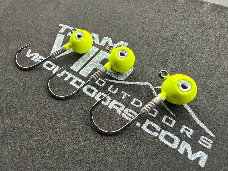 Load image into Gallery viewer, 3/4 oz Round (Chartreuse) Jig Head. #3/0 2x Strong Hook (3PK)
