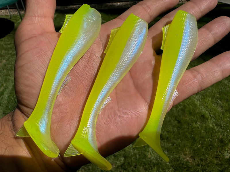 Load image into Gallery viewer, 4.5” VIP “Pearl/Chartreuse” Swim Bait (3 pack)
